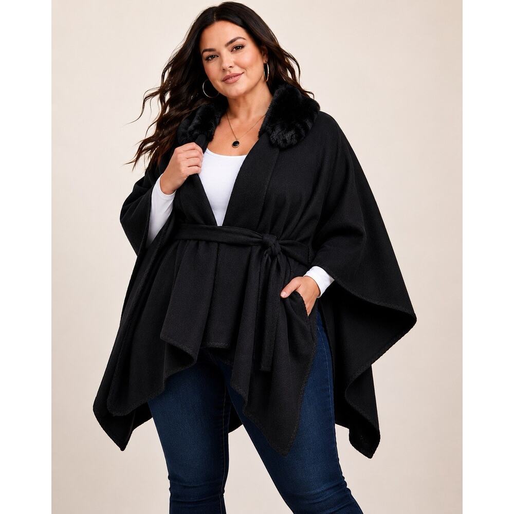 Torrid Faux Fur Trim Belted Ruana Wrap Poncho NWT Black Plus Size Cozy Luxe Goth